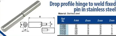 Obrázok produktu pre Hinge 100mm Stainless drop profile weldable fixed pin - 1pair - 2pcs
