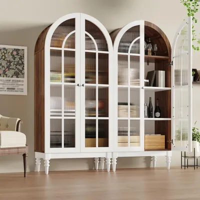 Produktbild von Flieks 2 Hoher Bogen-Aufbewahrungsschrank mit Glastüren, 2 Küchenschrank mit Holzmaserung, 2 Sideboard 76x38.5x165cm, Weiß