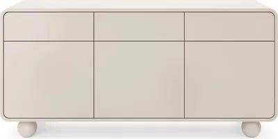 Produktbild von Orion Kommode 160 cm in Kaschmir mit drei Schubladen, drei Türen, abgerundeten Seiten und kugelförmigen Füßen – modern und großzügig