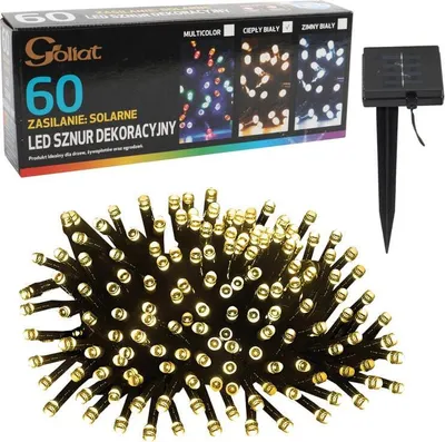 Zdjęcie produktu dla Lampki Choinkowe na Energii Słonecznej 60 LED, Kolor Ciepły Biały