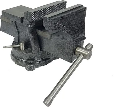 A dark gray metal vise with a silver handle is shown against a white background.