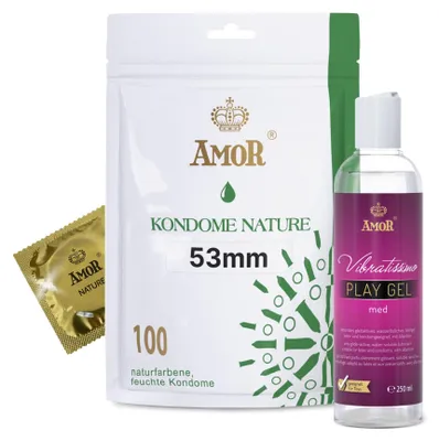 Produktbild von AMOR Premium Kondom und Gleitgel Set - 100 Kondome Nature Ø 53 mm + Vibratissimo Play Gel med 250 ml