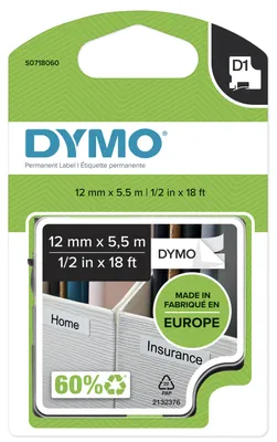 Produktbild von DYMO Original D1 Hochleistungs-Etikettenband | schwarz auf weiß |12 mm x 5,5 m | permanent haftendes Vinyl- Schriftband | für LabelManager-Beschriftungsgerät