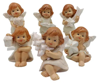 Engelfiguren-Set, 6 Stück, Polyresin, cremeweiß, 5–8 cm
