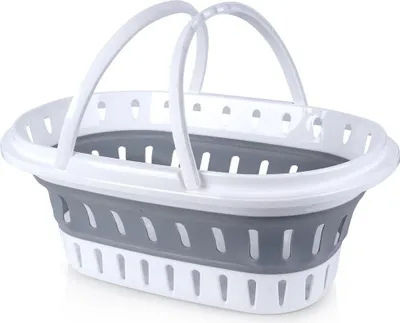 A white and gray collapsible laundry basket with handles.
