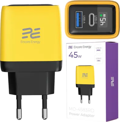 Produktbild von Netzladegerät 45W GaN QC PD USB-A 18W USB-C Encore Energy MD-4583RD