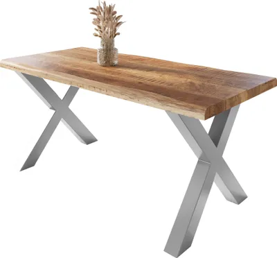 Produktbild von Esstisch Baumkante massiv Mango rough 200 x 100 X-Gestell silber ATLAS