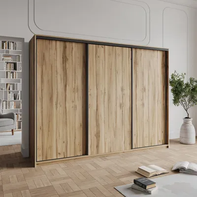 Produktbild von Masseno Schiebetürenschrank NISSE 270/205/60 cm Kleiderschrank mit Schubladen Schlafzimmer Schrank 3-türig Eiche Wotan + Schwarz