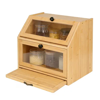 Produktbild von Bambus Brotkasten mit Schneidebrett,Großer Brotbox,2 Etagen und Sichtfenster,Holz Brotbehälter für Hörnchen,Brötchen,Brotaufbewahrung Küche 26x39x32cm