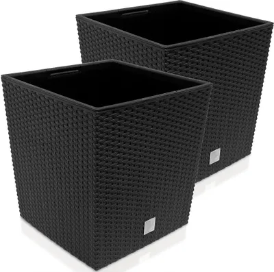 Produktbild von DEUBA 2X Blumentopf 35L 32x32x33cm Rato Low Innentopf Mit Griffen Wetterfest Rattanoptik Pflanzkasten Übertopf Pflanzkübel Blumenkasten Quadratisch Anthrazit