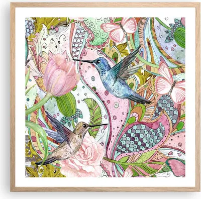 Produktbild von Gerahmtes Poster - Rahmen in heller Eiche - Vogel Schmetterling Blume - 60x60 cm - Wand Bild - Wanddeko - Wandbilder - Wandposter - Bilderrahmen - Bilder - Kunstdruck - Wandbild - P2NAC60x60-4065