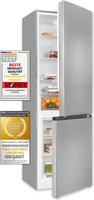 A silver refrigerator with its door open, displaying food items inside. Two award badges are placed on the left side of the image.