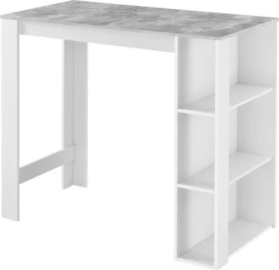 A white bar table with a gray concrete-look tabletop and three open shelves on one side, isolated on a white background.