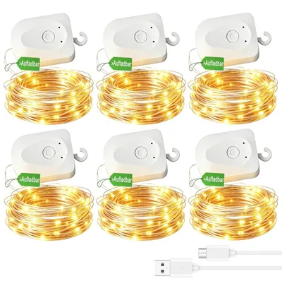 LED-Lichterkette 6er Set, 3 m, 30 LEDs, Timer, warmweiß, wasserdicht