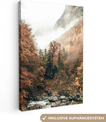 Produktbild von MuchoWow® - Leinwandbilder - Natur - Wald - Nebel - Herbst, Wandbild, Wanddeko Bilder Wohnzimmer, 80x120 cm