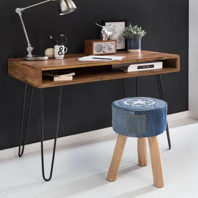 Produktbild von Massiver Schreibtisch HARLEM Sheesham Massiv Holz 110 x 60 x 76 cm mit Ablage Computertisch Massivholz mit Metall Beinen Design Holz PC Tisch