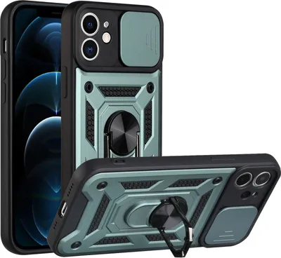 Produktbild von iPhone 12 Hülle mit 360° Drehbarer Magnetische Ring Ständer Halter Dia Kameraschutz TPU Bumper Silikon Schutzhülle für iPhone 12 Grün