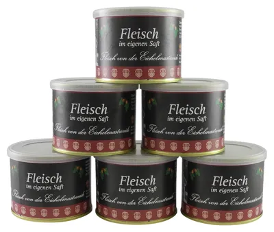 Produktbild von Fleisch im eigenen Saft vom Eichelmastschwein 6er Pack (6 Dosen à 200 g)
