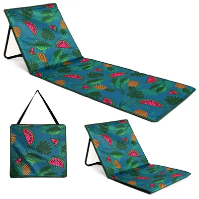 A foldable beach mat with a tropical fruit and leaf pattern, shown in multiple configurations.