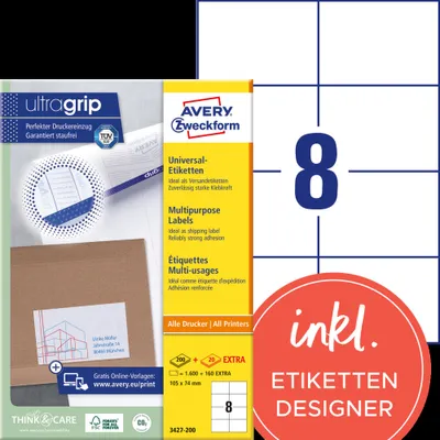Produktbild von Avery Zweckform 3427-200 Universal-Etiketten, A4 mit ultragrip, 105 x 74 mm, weiß