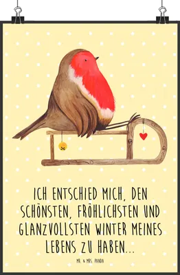 Produktbild von Mr. & Mrs. Panda Bild Rotkehlchen Schlitten DIN A2 - Gelb Pastell - Geschenk, Plakat, drucke, Weihnachten, Kunstdruck, wanddeko, Wandbild, Vogel