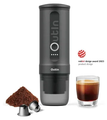 Produktbild von Outin OTEM-01-SG Przenośny elektryczny ekspres do kawy, Graphit, Kaffeekapsel, Gemahlener Kaffee, 20 bar, 92 °C, 7500 mAh, 2,5 h
