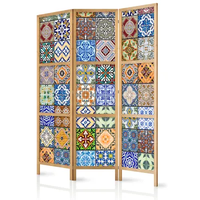 Produktbild von Paravent 135x171 cm 3-teilig einseitig eleganter Sichtschutz Raumteiler Trennwand Raumtrenner Holz Design Motiv Deko Home Office bunte Abstraktion Botanik Natur f-B-0009-bh-b