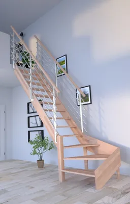 Produktbild von Holztreppe Rhodos in 1/4 gewendelter Ausführung links-Buche-Design Geländer Edelstahl-beidseitig-ohne Setzstufen