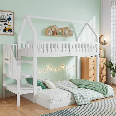 Produktbild von Flieks Etagenbett 90x200cm, Hochbett mit Treppe, Kinderbett Hausbett mit Lattenrost und Rausfallschutz, Stockbett Massivholzbett Spielbett, Weiß