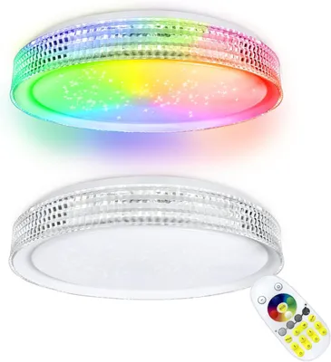 Two ceiling lights are shown, one illuminated with a rainbow spectrum and the other unlit. A remote control is placed in the bottom right corner.