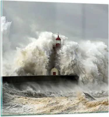 Produktbild von Bilder auf glas - Leuchtturm Ozean Sturm - 70x70cm - Glasbilder - Wandbilder - Kunstdruck - zum Aufhängen bereit - Wanddekoration aus Glas - Glas Bilder - Wandbild auf Glas - Einteilig - GAC70x70-2442