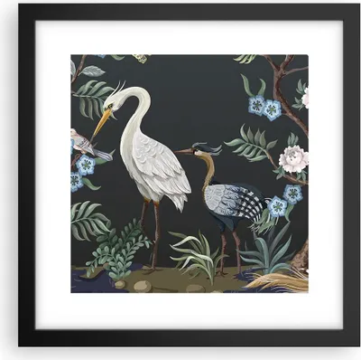 Produktbild von Gerahmtes Poster - Schwarzer Rahmen - Asiatisch Reiher Blumen - 30x30 cm - Wand Bild - Wanddeko - Wandbilder - Kunstposter - Wandposter - Bilderrahmen - Bilder - Kunstdruck - P2BAC30x30-4699