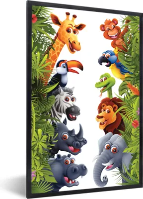 Produktbild von MuchoWow® Gerahmtes Poster Dschungel - Tiere - Jungen - Mädchen - Giraffe - Elefant - Kinder 60x90 cm - Poster mit Schwarzem Bilderrahmen Wandposter Rahmen Foto Bilder - Kunst