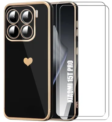 Image de Coque + 2 Verres Trempés pour Xiaomi 15T Pro, Silicone Motif Cœur Antichoc Souple Anti-Rayures Noir