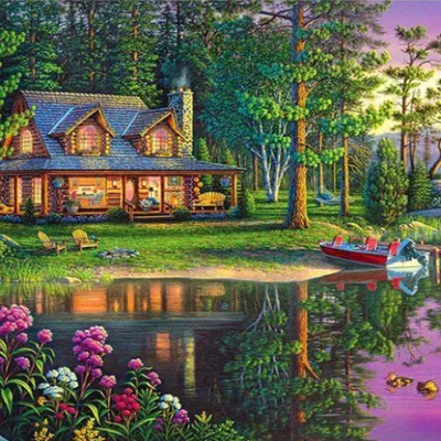 Productafbeelding van Schilderij op nummer: Huis in het bos aan een meer, formaat 40x50, op canvas