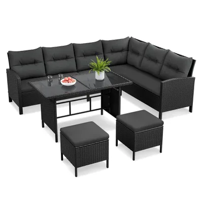 Produktbild von Yaheetech 4-tlg. Gartenmöbel Set aus Polyrattan, Lounge Set, inkl. Ecksofa & Esstisch & 2 Hocker, bis 7 Personen, Garten Essgruppe für Balkon Terrasse