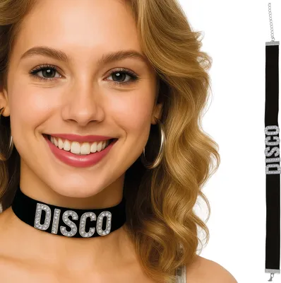 Image de Disco Glamour Charme Choker Élégant Noir Étincelant Fête Carnaval Rétro Mode Vintage Statement Accessoire, Couleur : Noir / Argent