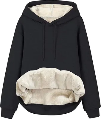 Produktbild von ASKSA Damen Fleece Kapuzenpullover Plüsch Sweatshirt Oversized Oberteil mit Taschen, Schwarz,S