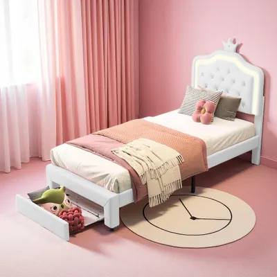 Produktbild von Kinderbett - Bett 90x200 cm - Gepolstertes Bettgestell - Kronenförmiges Kopfteil - Stauraum mit Schubladen - Verstellbares Kopfteil - Weiß