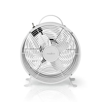 A white retro-style desk fan is shown from the front against a white background.