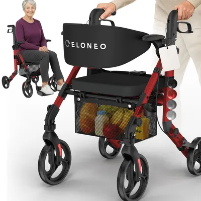 Zdjęcie produktu dla Składany i lekki wózek inwalidzki ELONEO 2w1 z siedziskiem, składany wózek inwalidzki do użytku na zewnątrz, aluminiowa pomoc w chodzeniu dla seniorów - czerwony