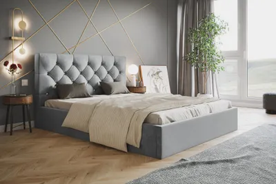 Produktbild von Polsterbett mit Bettkasten 200x200 Molly - Metall-Lattenrost, Schlafzimmerbett - Designer-Bett, Velour-Stoff Grau