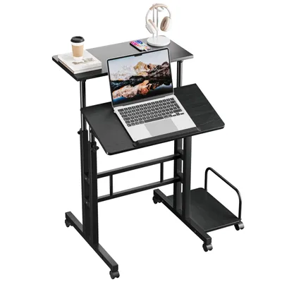 Image de Iropro Bureau assis-debout réglable en hauteur, table d'ordinateur à roulettes, station de travail mobile avec plateau inclinable pour la maison, noir