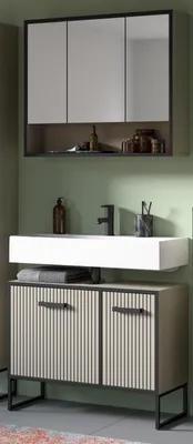 Zdjęcie produktu dla Zestaw mebli łazienkowych „Scana” (2 elementy) w kolorze piaskowym i czarnym, zestaw łazienkowy 80 x 192 cm, z cichym domykaniem