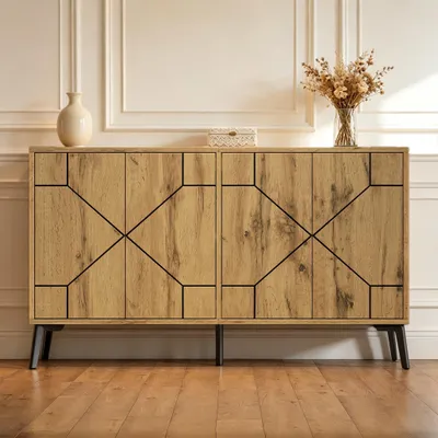 Zdjęcie produktu dla Komoda z 4 drzwiczkami i wzorem falistym, o wymiarach 120x35x69 cm, wykonana z MDF i metalu, w kolorze drewna, idealna do salonu, jadalni lub kuchni