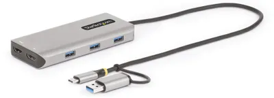 Produktbild von StarTech.com USB-C Multiport Adapter mit USB-C zu USB-A Dongle, USB C Docking Station 2x HDMI (4K30Hz/1080p60Hz), 3x USB-A 5Gbps, Mini Dock, Laptop Dockingstation, 40cm Kabel, Kabelgebunden, USB 3.2 Gen 1 (3.1 Gen 1) Type-C, Silber, 5 Gbit/s, 4K Ultra HD, 3840 x 2160 Pixel
