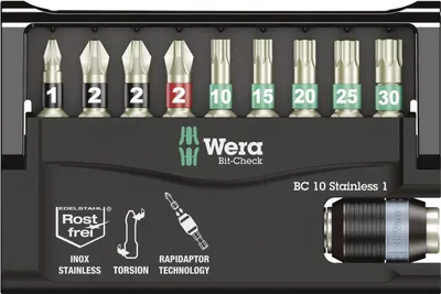 Produktbild von Wera 05073630001, 10 Stück(e), Phillips, Pozidriv, Torx, PH 2, PZ 1, PZ 2, T10, T15, T20, T25, T30, Edelstahl