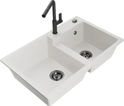 Produktbild von Mexen Tomas 2-Becken-Granitspüle mit Mischbatterie Flora, Weiß - 6516-20-670401-70-B