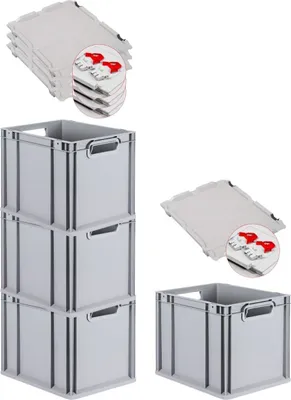 Produktbild von SuperSparSet 4x Eurobox NextGen Economy mit Scharnierdeckel und roten Schiebeschnappverschlüssen | Griffe offen | HxBxT 32x30x40cm | 30 Liter | Eurobehälter, Transportbox, Transportbehälter, Stapelbehälter