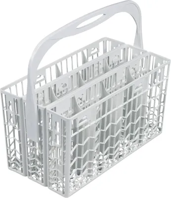 A white plastic dishwasher basket with a handle, divided into three sections.